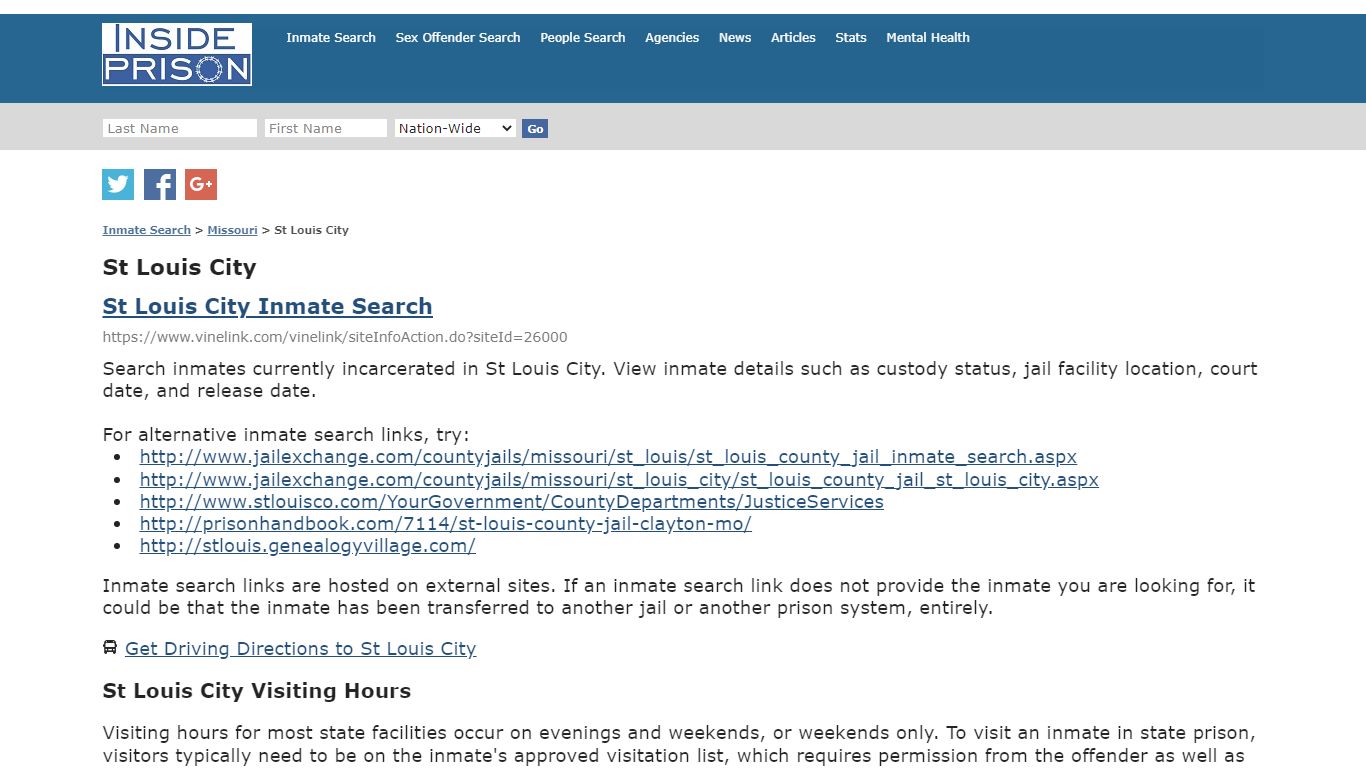 St Louis City - Missouri - Inmate Search